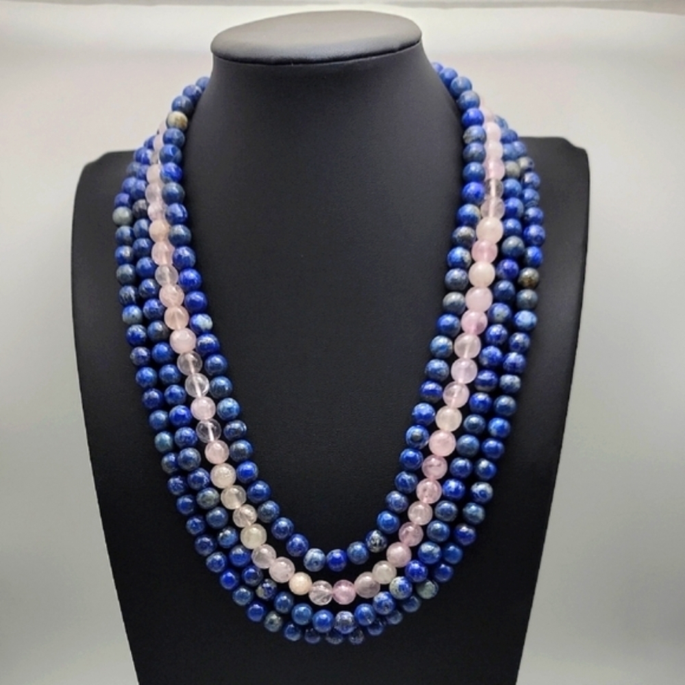 1340 Cts Earth Mined 4 Strand Lapis Lazuli & Rose Quartz Beads Beaded Necklace